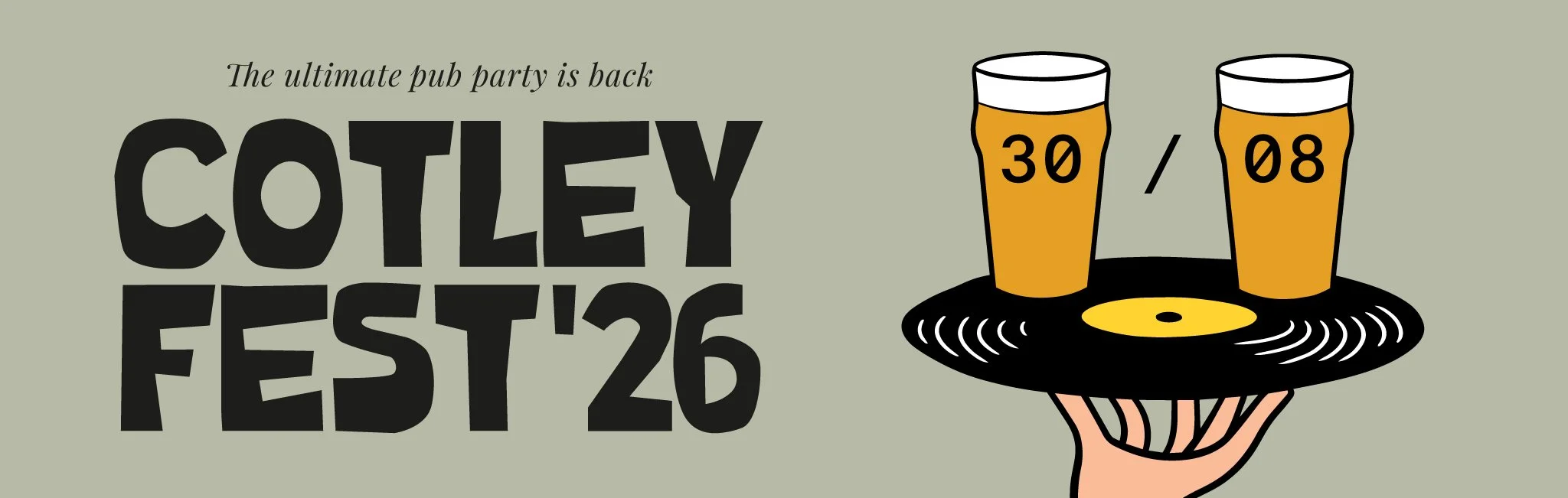Event poster for Coley Fest 2023 on February 26, featuring two glasses of beer on a tray with the date 30/08.
