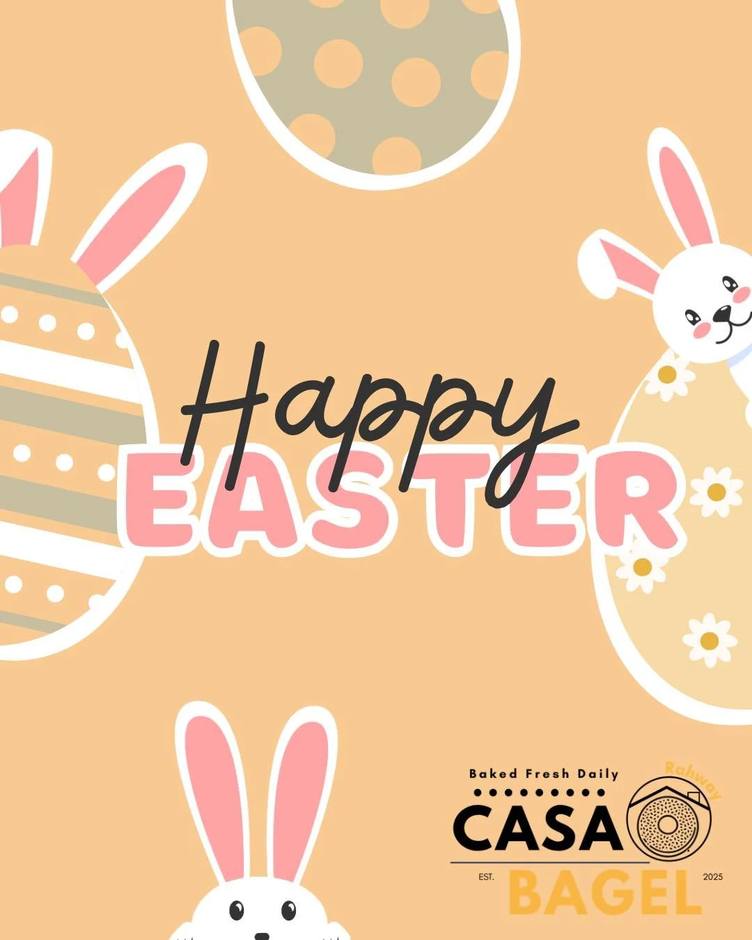 🐣🌸 Happy Easter from all of us at Casa Bagel! 
Wishing a joyful day filled with love, laughter, and something delicious on your table. However you celebrate, we&rsquo;re grateful to be part of your day 💛 
 
#happyeaster #bagellove #casabagel #east