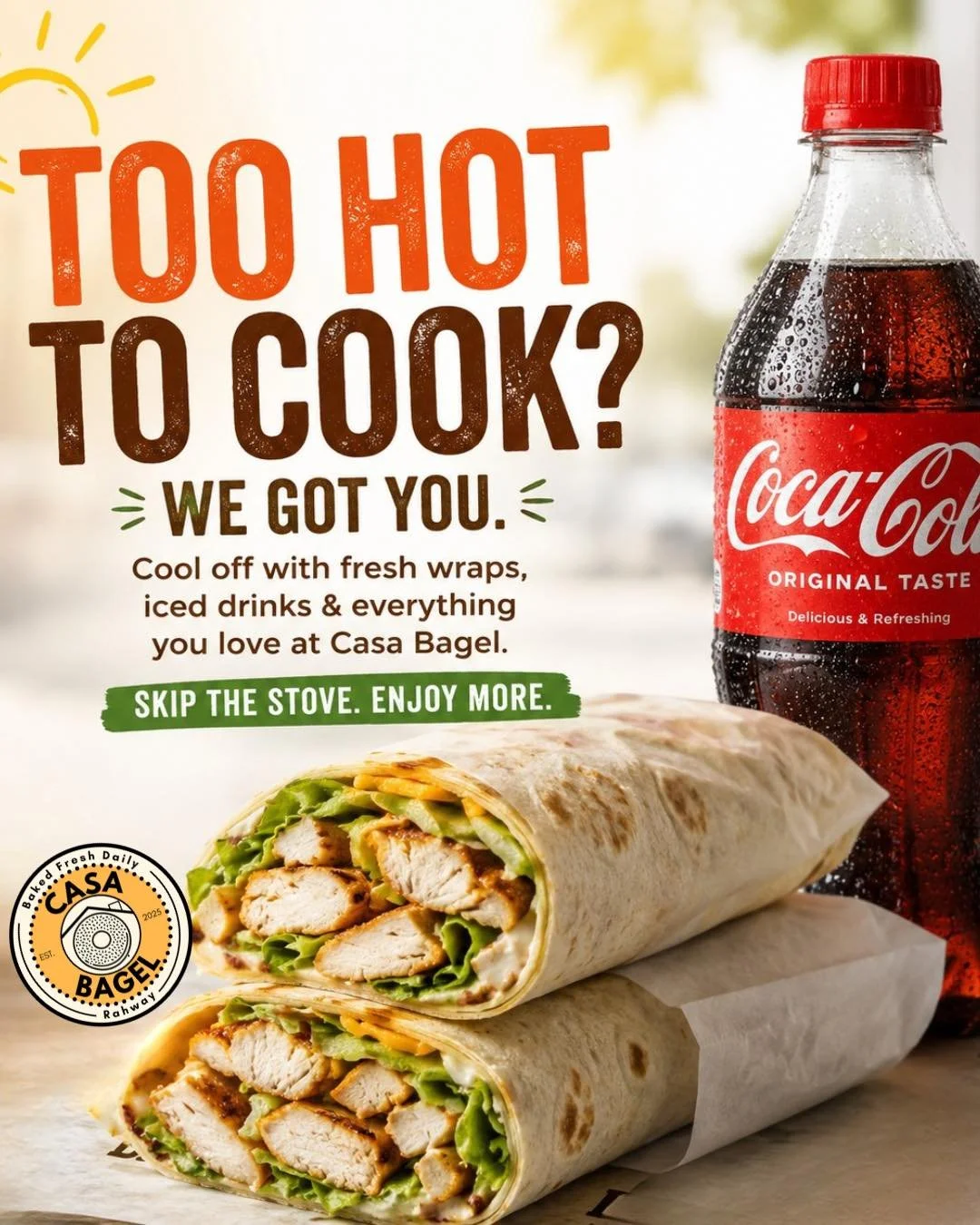 Too hot to cook? ☀️🥵
Cool off with a fresh wrap and an ice-cold Coke at Casa Bagel 🥤🌯 
#CasaBagel #NJFoodie #Wraps #BagelShop #LunchTime #IceColdCoke #NewJerseyEats #TooHotToCook