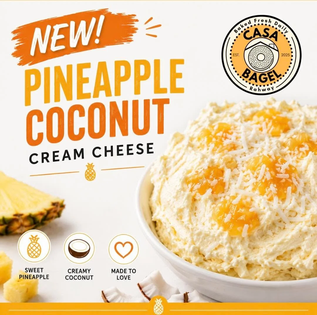 🌴 NEW FLAVOR ALERT 🌴
Escape to the tropics with our NEW Pineapple Coconut Cream Cheese! 🍍🥥
Sweet pineapple blended with creamy coconut creates the perfect spread for your favorite fresh-baked bagel. One bite and you&rsquo;ll feel like you&rsquo;r