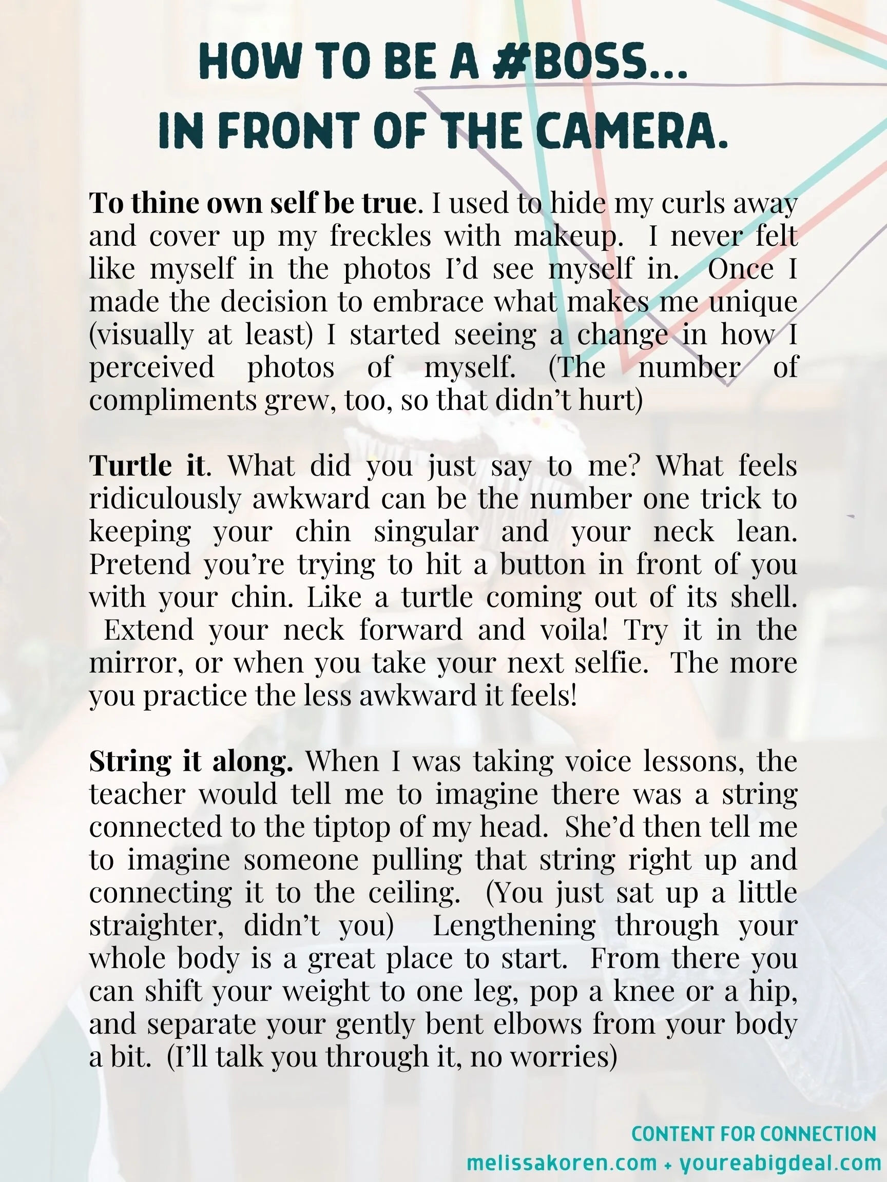 Infographic titled "How to be a #Boss in Front of the Camera" with tips. Emphasizes being true to oneself, using the "turtle" technique for better posture, and imagining a string pulling your head upward to improve posture. Provides advice on feeling