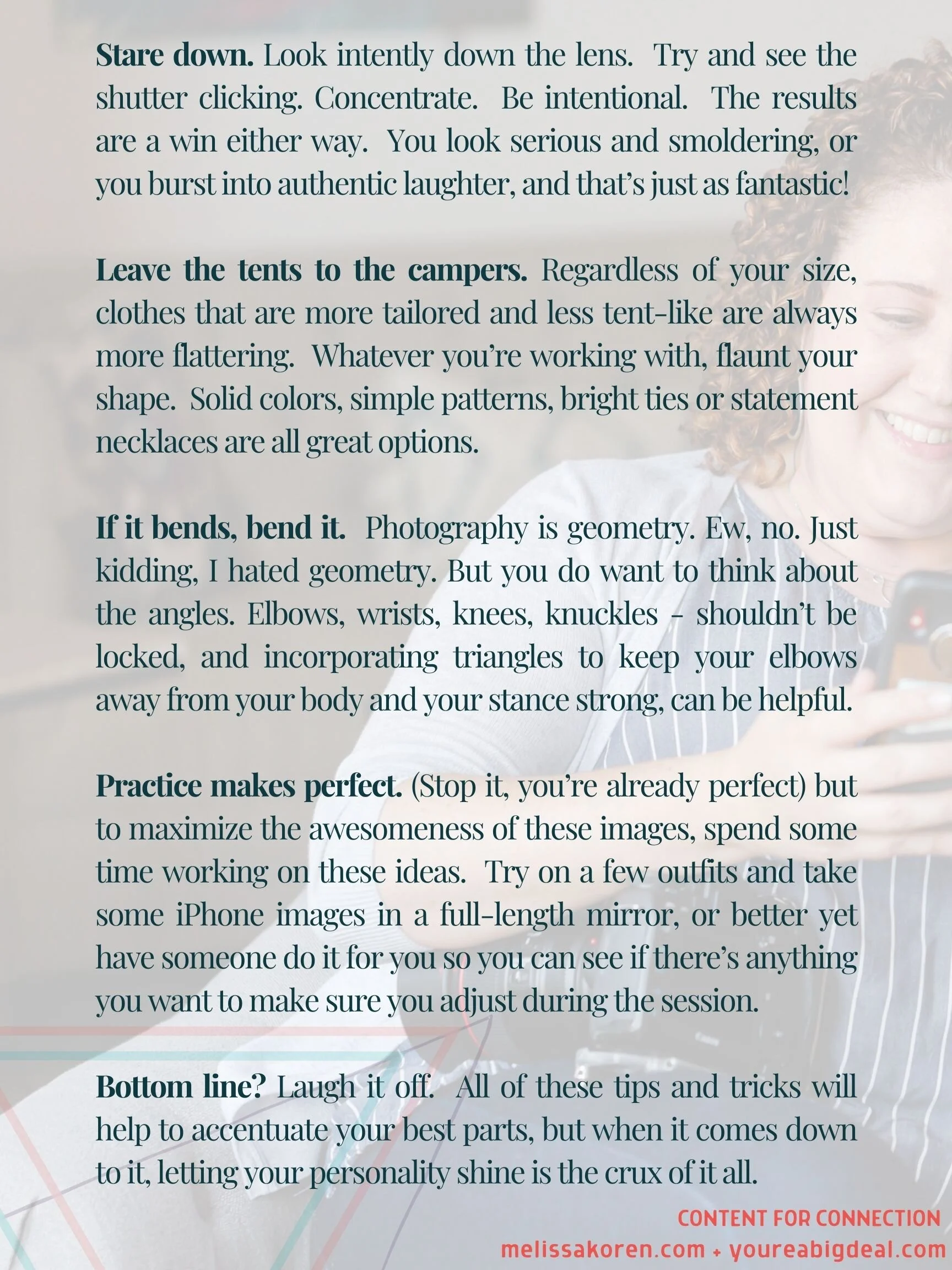 Photography tips text excerpt: Emphasizes looking intently down the lens, wearing tailored clothing, bending elbows and knees, and practicing poses. Encourages authenticity and laughter. Mentions trying different outfits and taking photos with an iPh