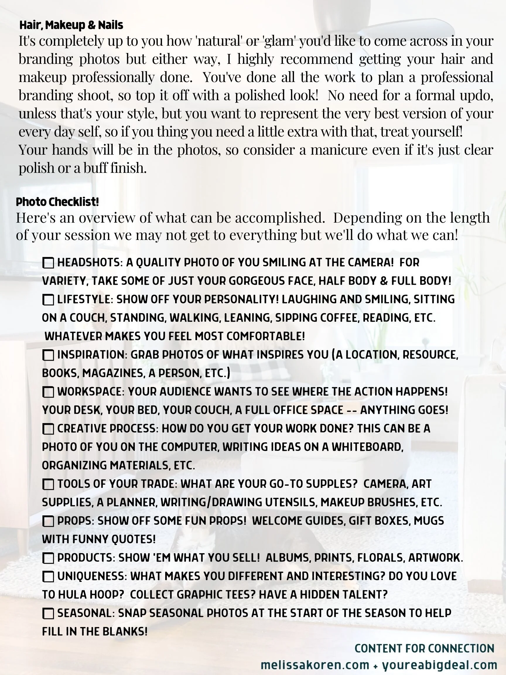 Photography session preparation checklist with tips on hair, makeup, and nails, plus a detailed photo checklist including headshots, lifestyle captures, inspiration, workspace, creative process, tools, props, products, uniqueness, and seasonal themes