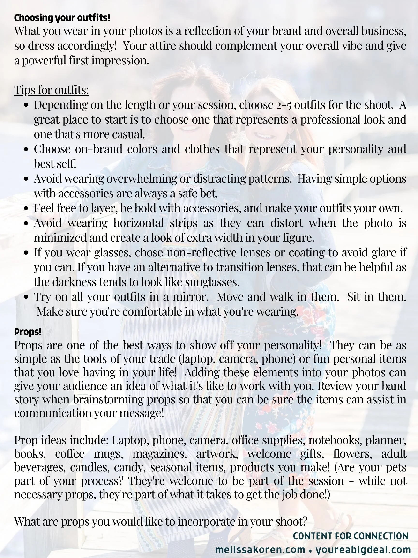 Guide with tips for photo session outfits and props. Provides advice on choosing 2-5 outfits reflecting professionalism and personality, avoiding distracting patterns, wearing layers and accessories, and considering non-reflective glasses. Suggests u