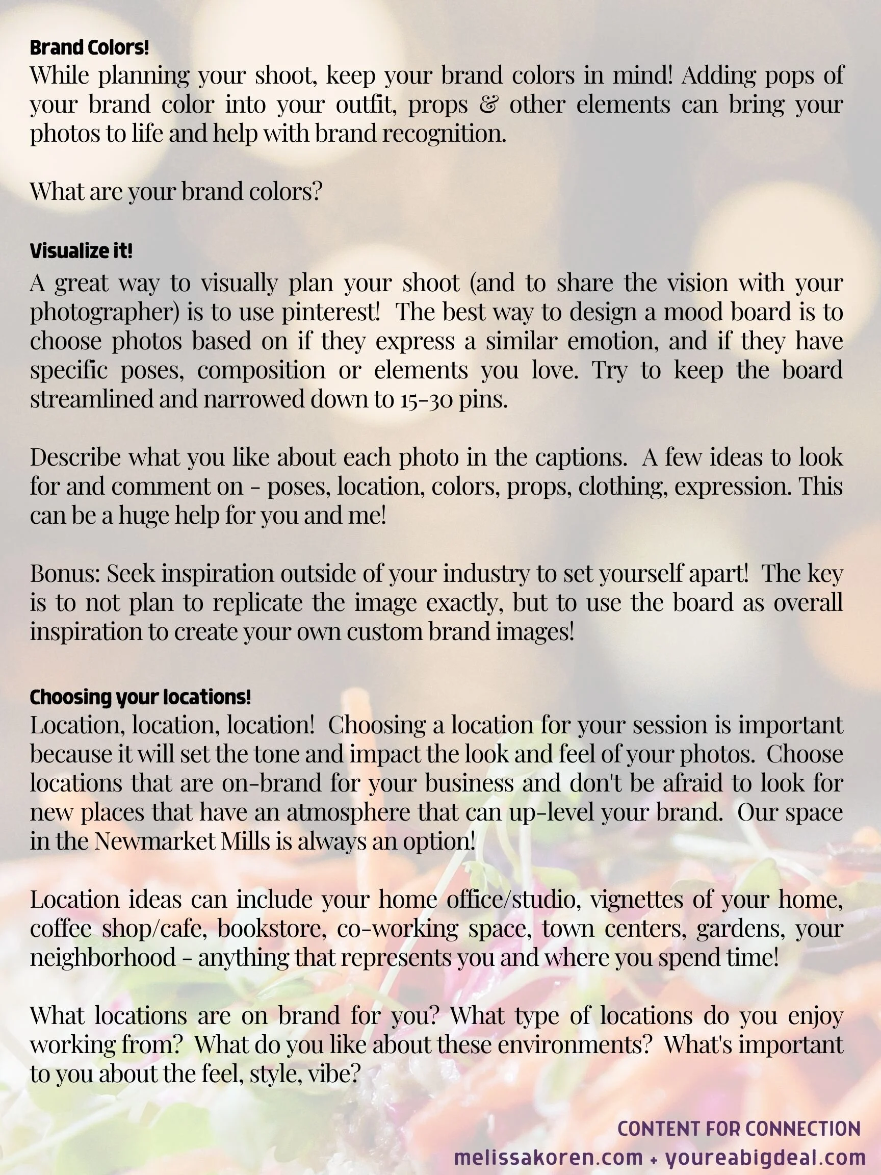 Text graphic offering tips on brand photography, including choosing brand colors, using Pinterest for mood boards, and selecting on-brand locations for photo shoots. Suggestions for locations include home offices, cafes, and co-working spaces. Encour