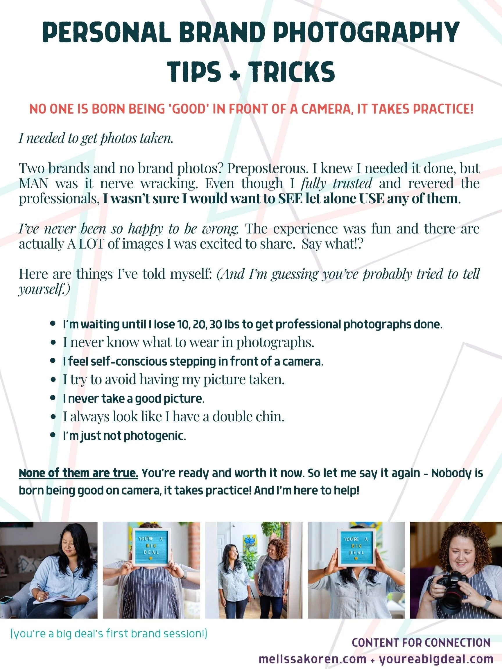 Infographic titled 'Personal Brand Photography Tips + Tricks' discussing the anxiety of being photographed and dispelling myths about needing to improve appearance before a photo session. Includes images of a woman in various photo scenarios and a po