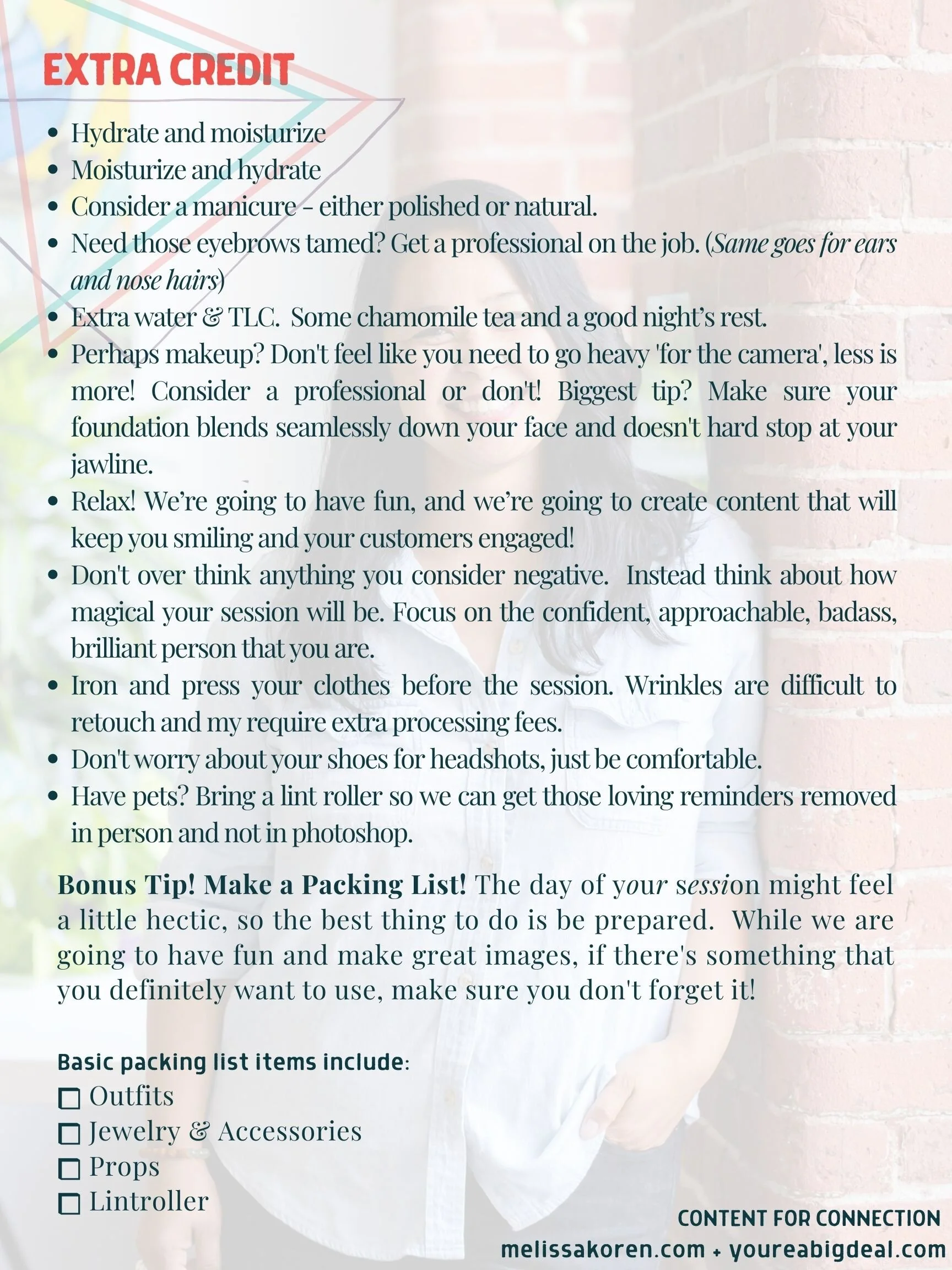 Checklist of photography session preparation tips, including hydration, grooming, clothing care, and packing essentials like outfits and accessories.