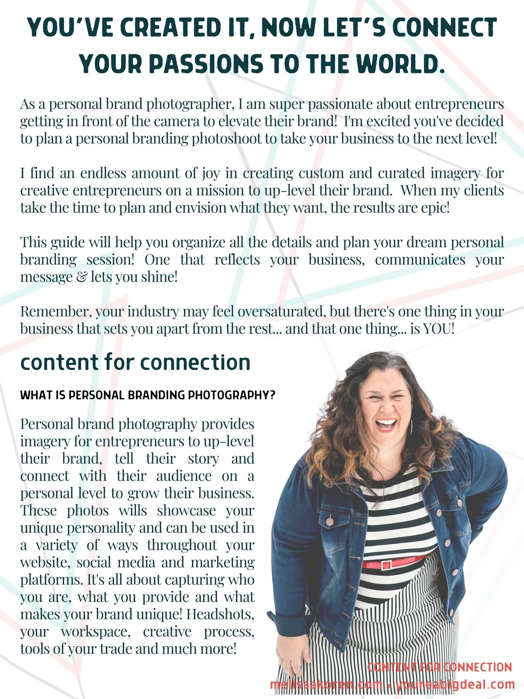 Promotional material for personal brand photography featuring text explaining the benefits of custom imagery for entrepreneurs to elevate their brand. Includes a joyful woman in a striped outfit and denim jacket, emphasizing the personal connection a