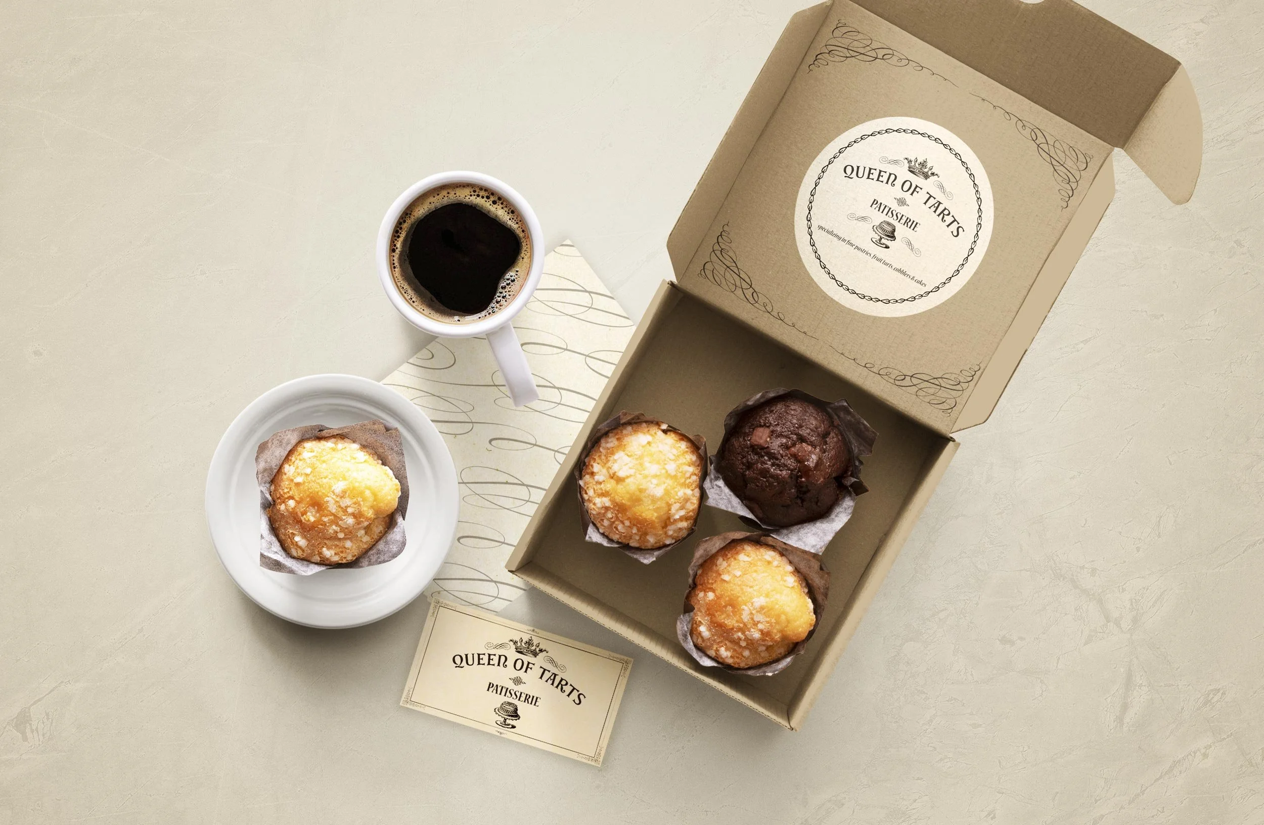 Queen of Tarts Business card and Label with Conceptual Bakery container and napkin