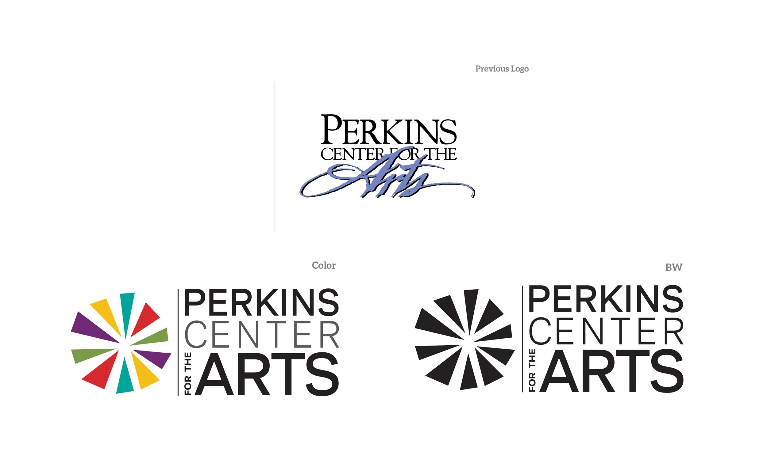 Perkins Center for the Arts previous logo and updated versions in color and Black and White