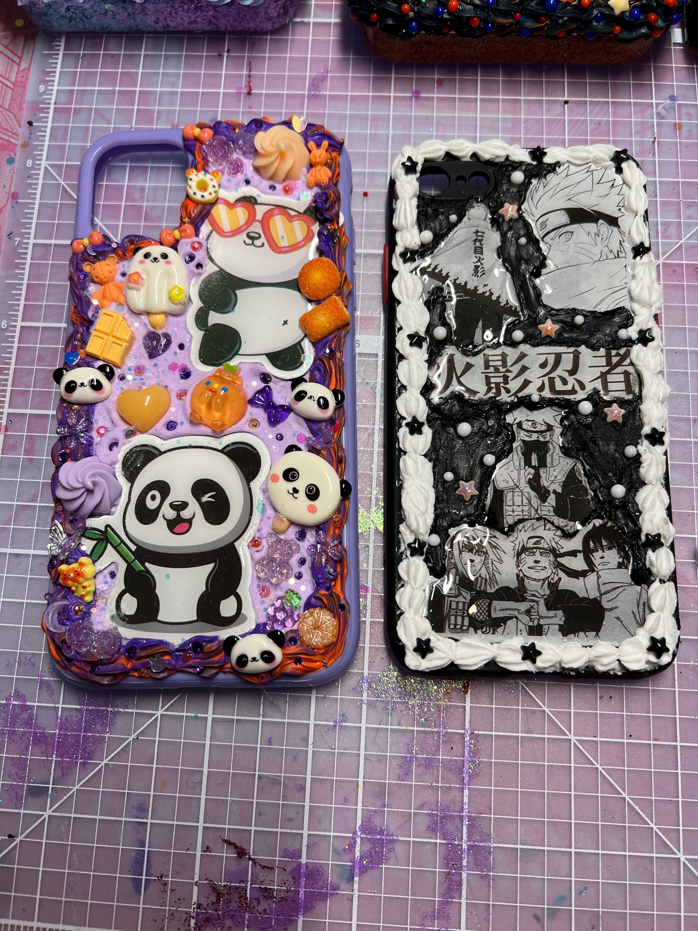 1 panda themed phone case and a second phone case that is anime themed