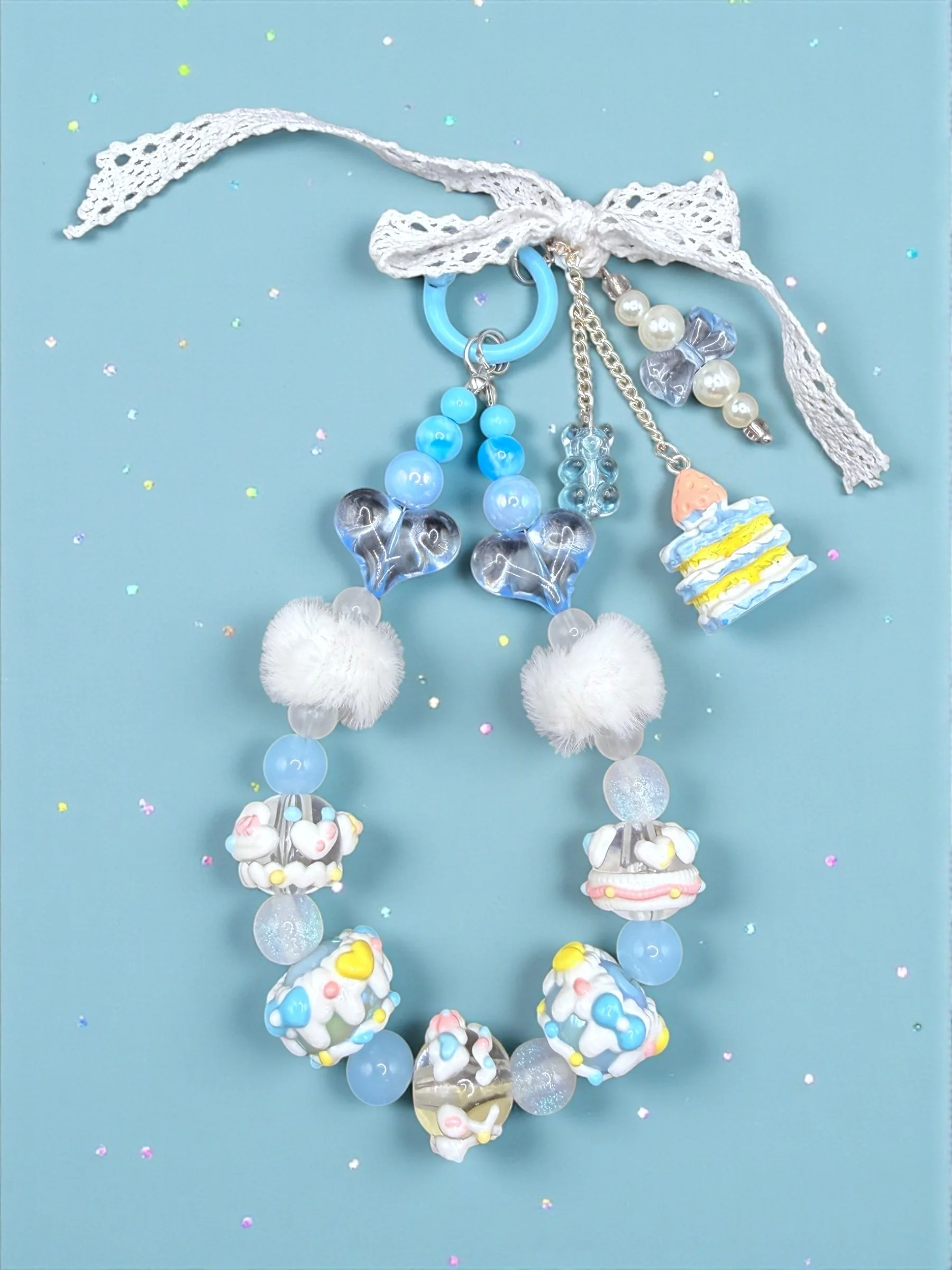 Baby Blue Dessert Phone Charm/Chain Keychain - Kawaii Style - w/ UV Color Changing Accent Beads