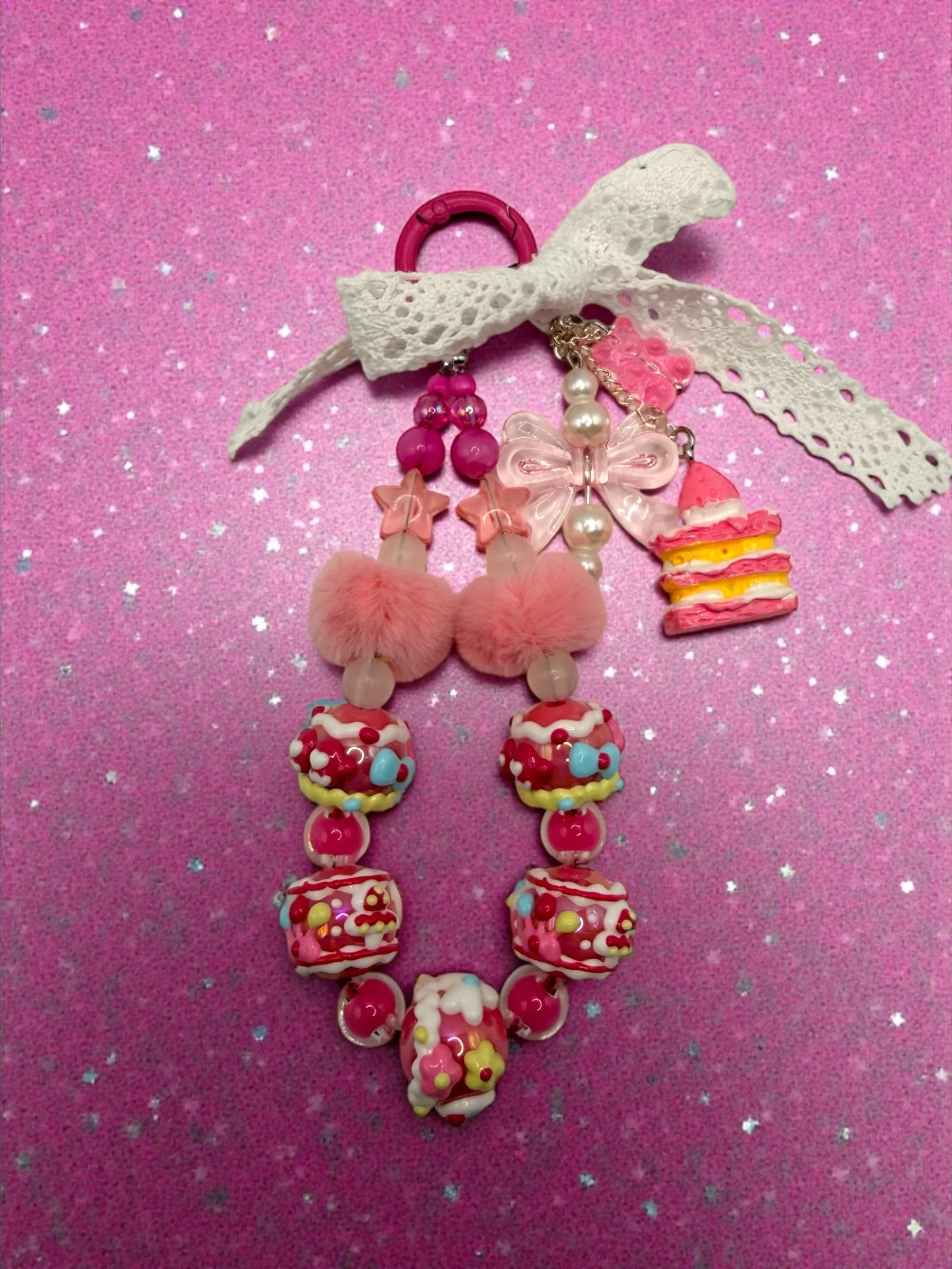 Hot Pink Dessert Phone Charm/Chain Keychain - Kawaii Style - w/ UV Color Changing Accent Beads