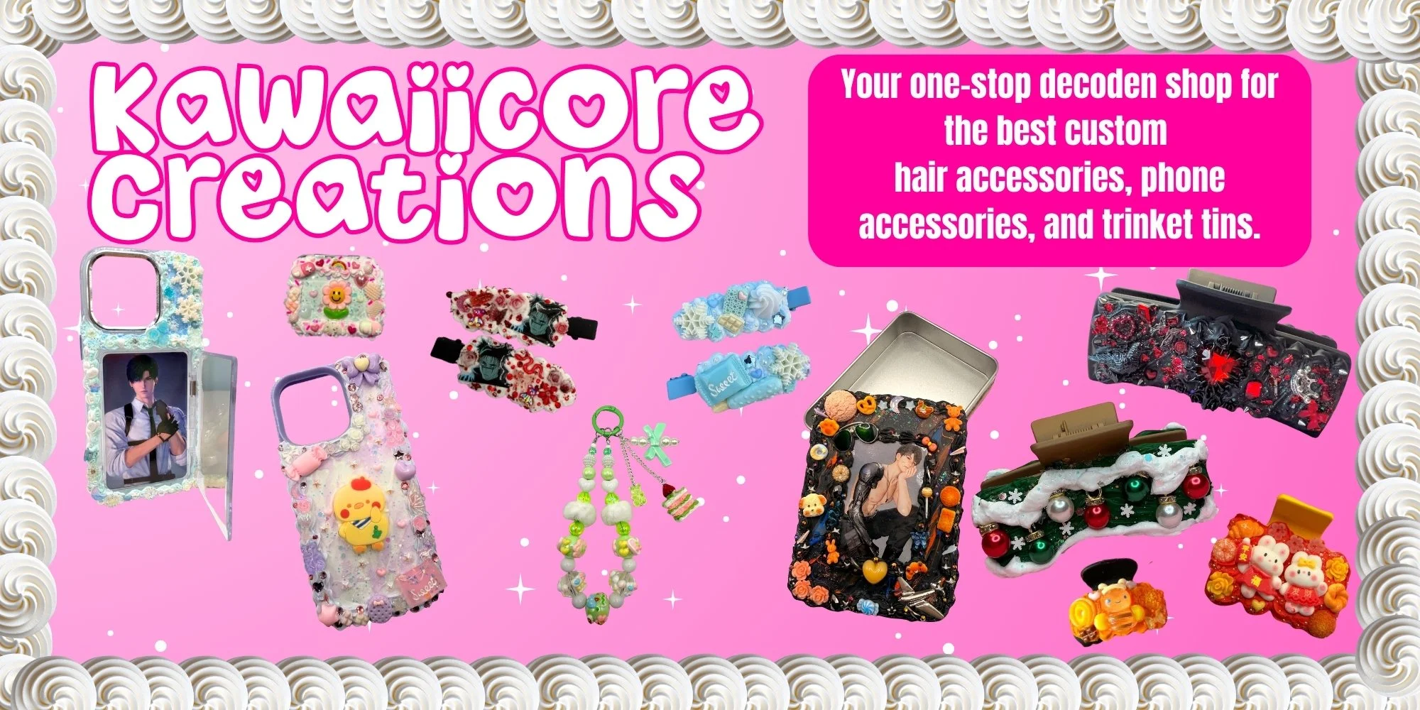 Pink background with various decorated phone cases, hair accessories, and trinket tins, with white swirl border. Text promoting KawaiiCore Creations as a shop for custom hair accessories, phone accessories, and trinket tins.