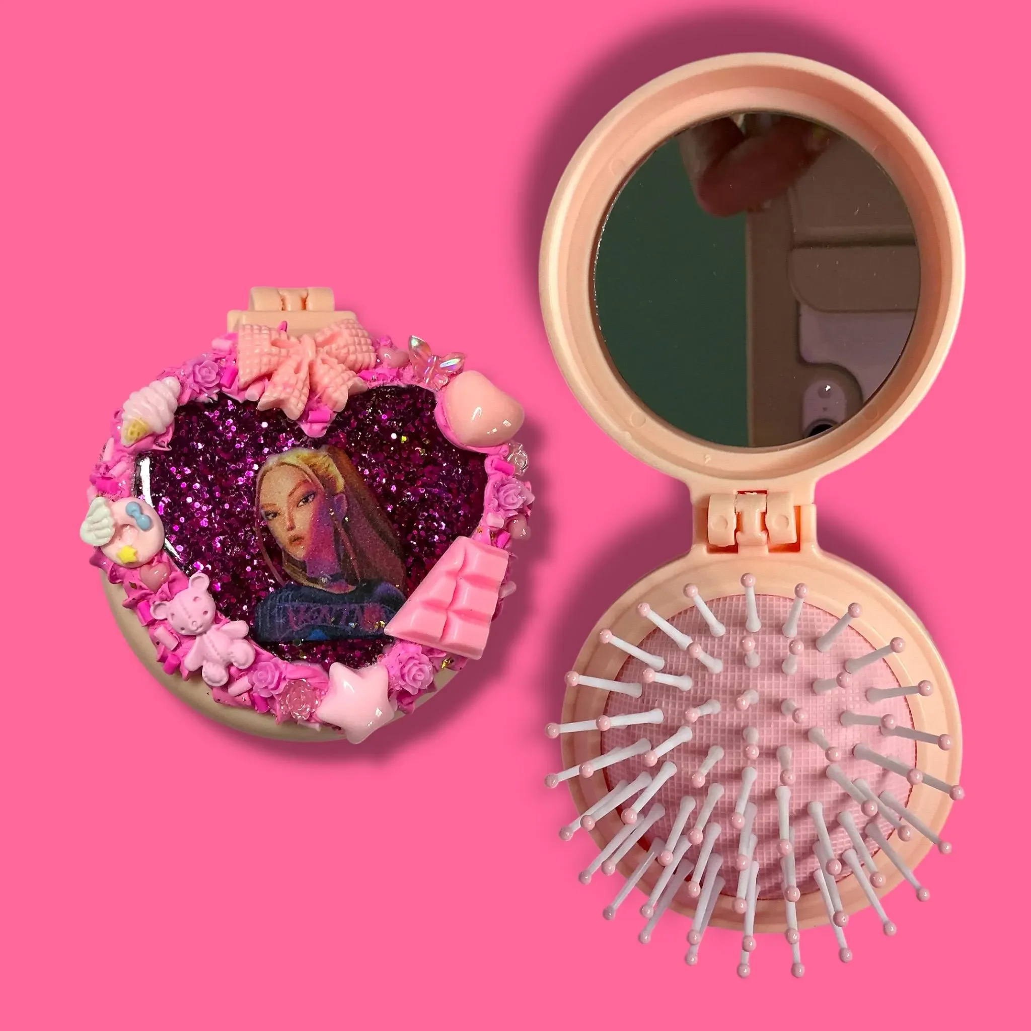 pink anime hair brush and mirror compact