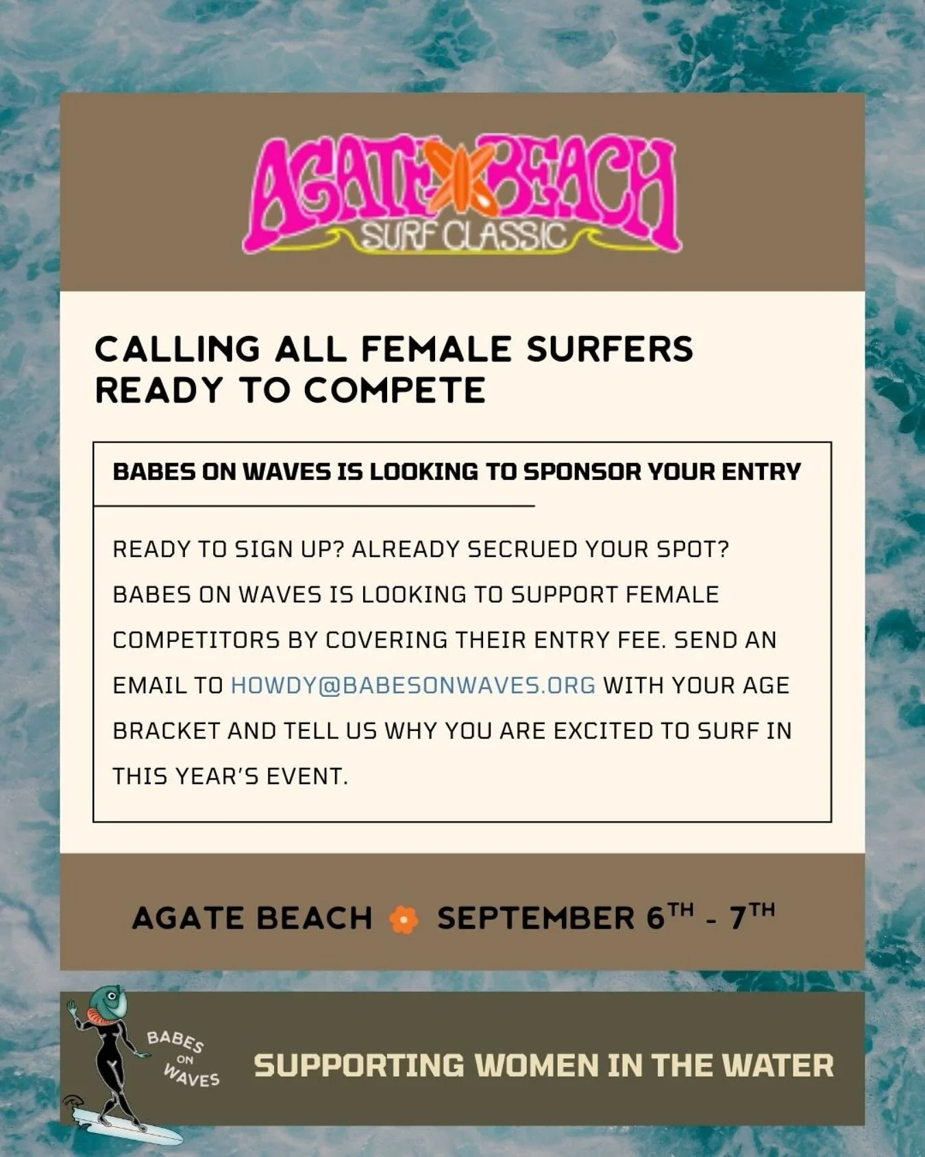 The Agate Beach Surf Classic is just one week away! All female surfers looking to compete or already signed up for the event can send Babes on Waves a message to apply to have your registration for the Agate Beach Surf Classic sponsored by BOW. 
-
Se