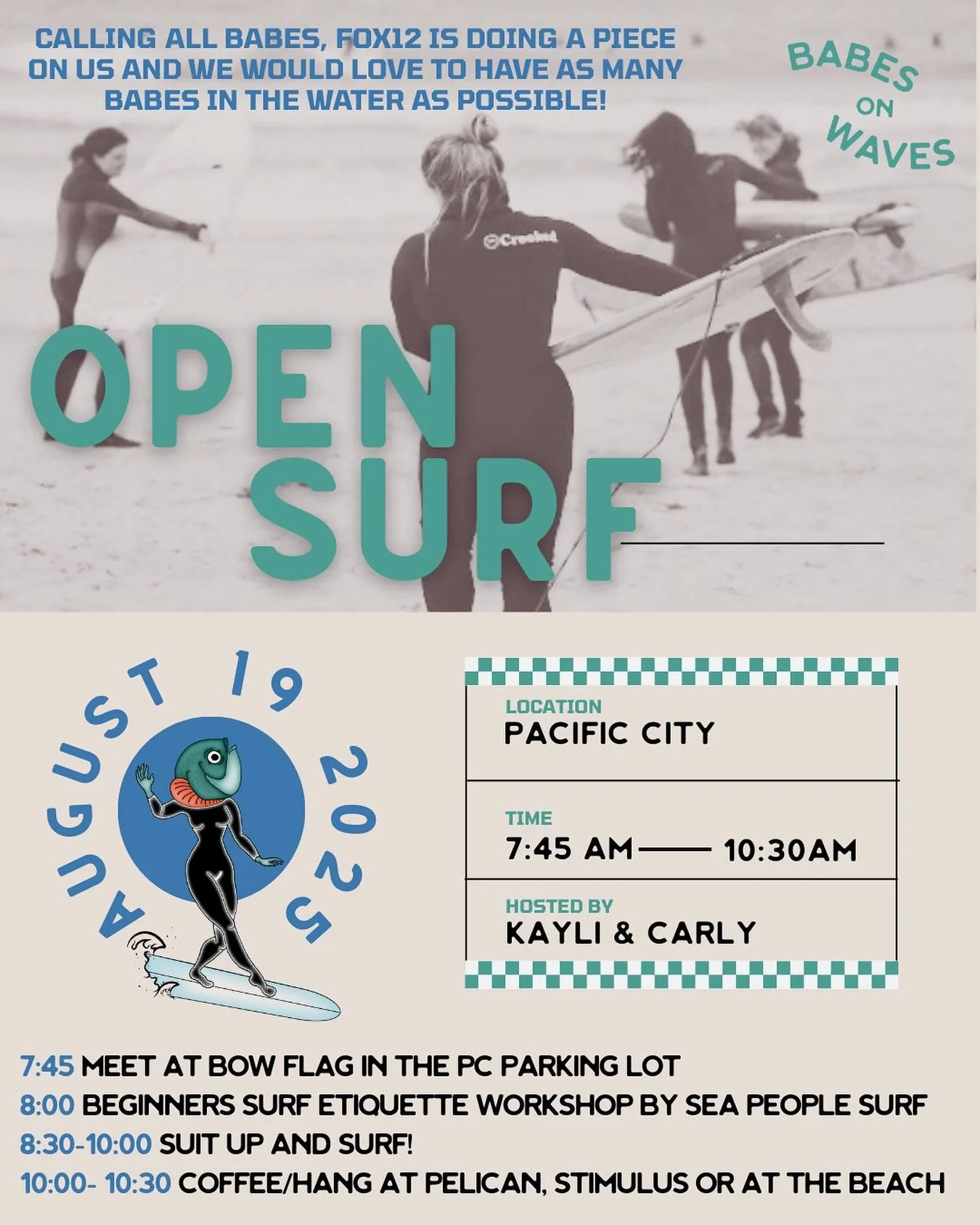 🚨Calling all babes!! 🚨
‼️UPDATED DATE‼️
We are hosting our monthly surf meet up August 19 in Pacific City and we&rsquo;re super stoked to announce that fox 12 is going to be out with a cameraman doing a piece on our surf club!!
The agenda:
7:45 mee