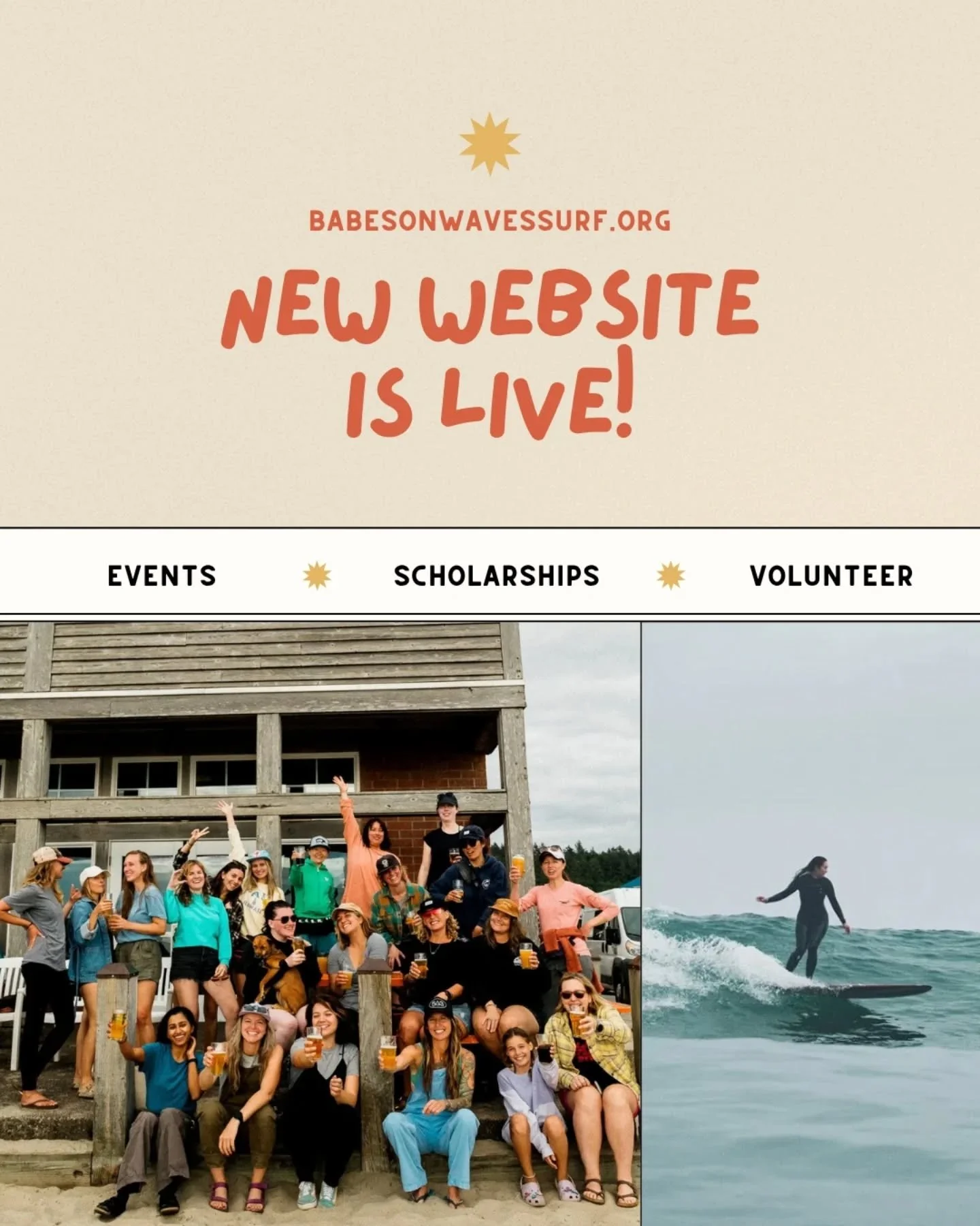 NEW WEBSITE! babesonwavessurf.org ✨

Someone snaked our old website (booooooooo) but we're back and better than ever! Check it out to learn about our team, how we support the community, and to stay tuned on upcoming events.