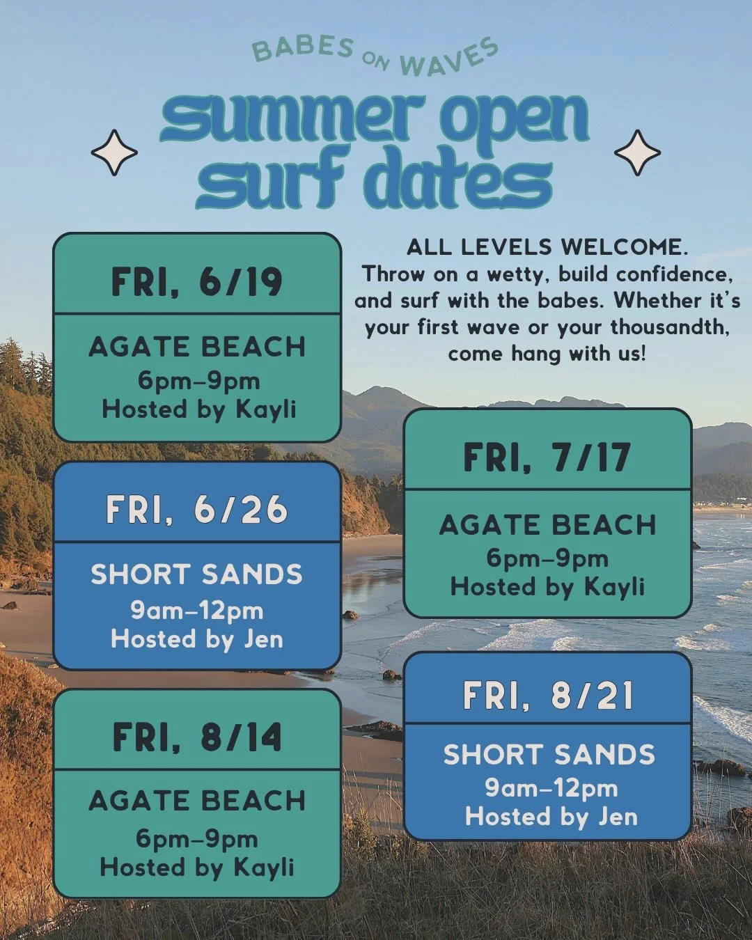 Babes on Waves Open Surf Sesh is back this summer 🌊
Join us for 5 sessions all season long &mdash; an all-levels opportunity to get out in the water, build confidence, and surf with the girls. Whether it&rsquo;s your first wave or your hundredth, co