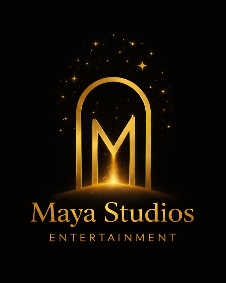 Maya Studios Entertainment. A black background with a glowing gold arch and the stylized letter M inside it.. Below, the text reads "Maya Studios" in large gold font and "ENTERTAINMENT" in smaller gold font. Animation. Filmmaking. Production. AI.