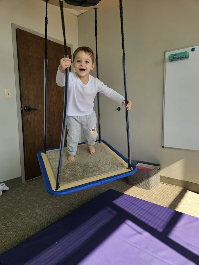 A boy is standing on the swing