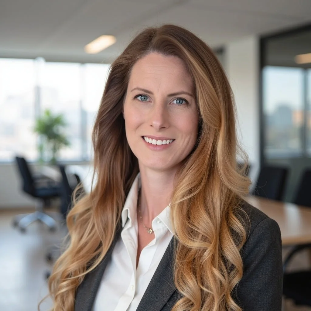 A professional woman with long wavy red hair and blue eyes smiling in an office setting with large windows, a conference table, and chairs in the background.