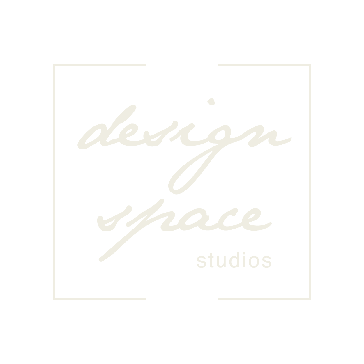 Logo for design space studios with white text on a black background, featuring a handwritten font for 'design space' and smaller sans-serif font for 'studios' inside a white square outline.