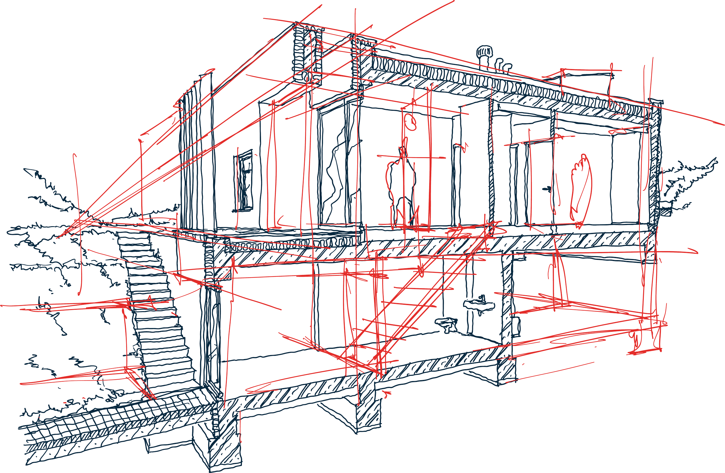 Architectural sketch of a house with detailed structural lines and red measurement markings.
