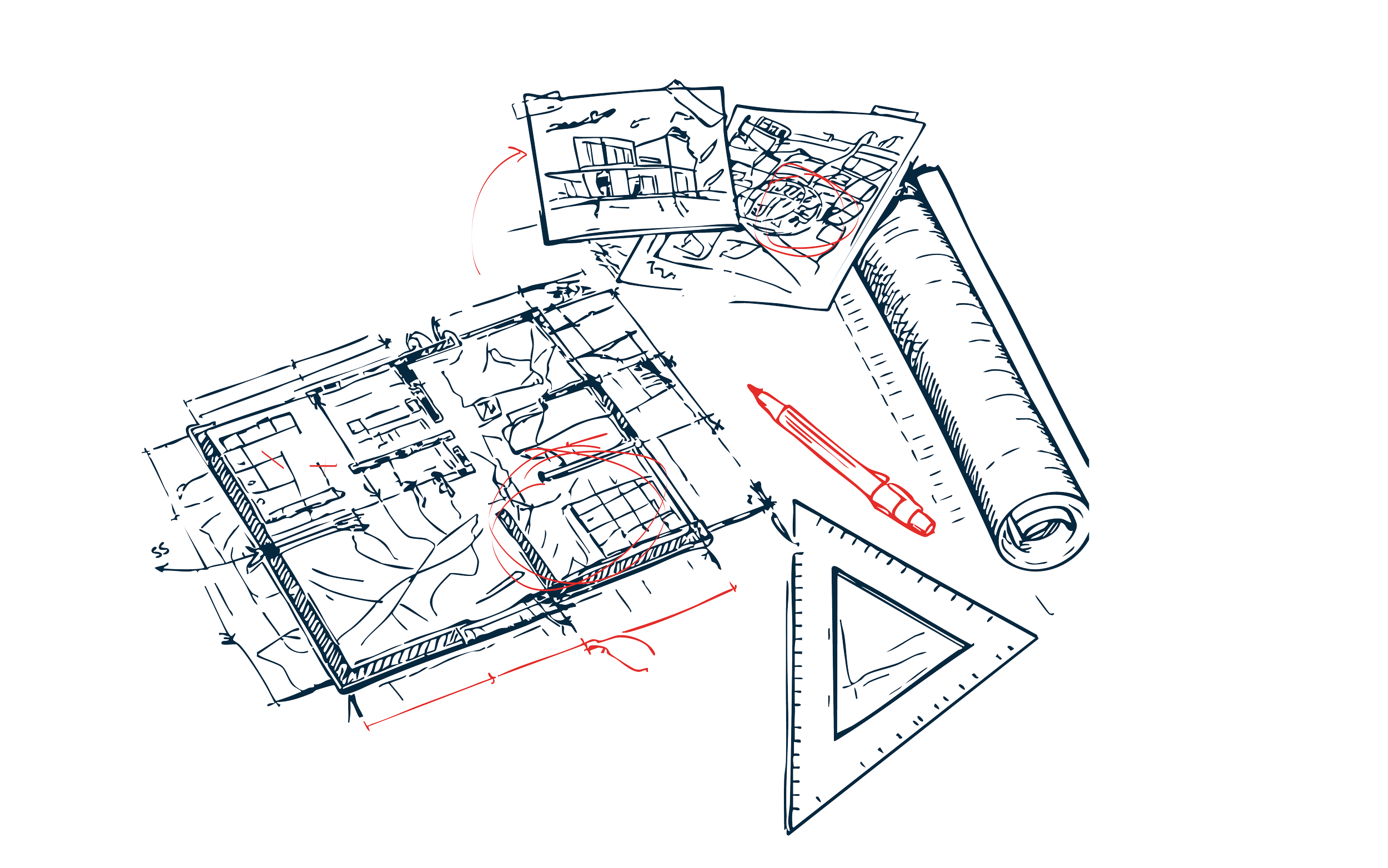 Blueprint drawing of architectural plans with detailed structural elements, measurement lines, and a rolled-up paper in the background, featuring a red pen resting on the plan.