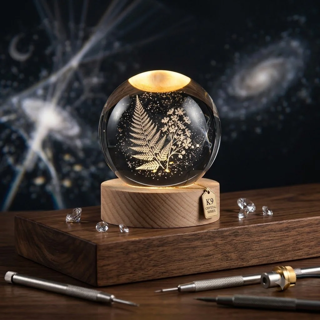 Custom 3D Engraved Crystal Sphere with Illuminated Wooden Base