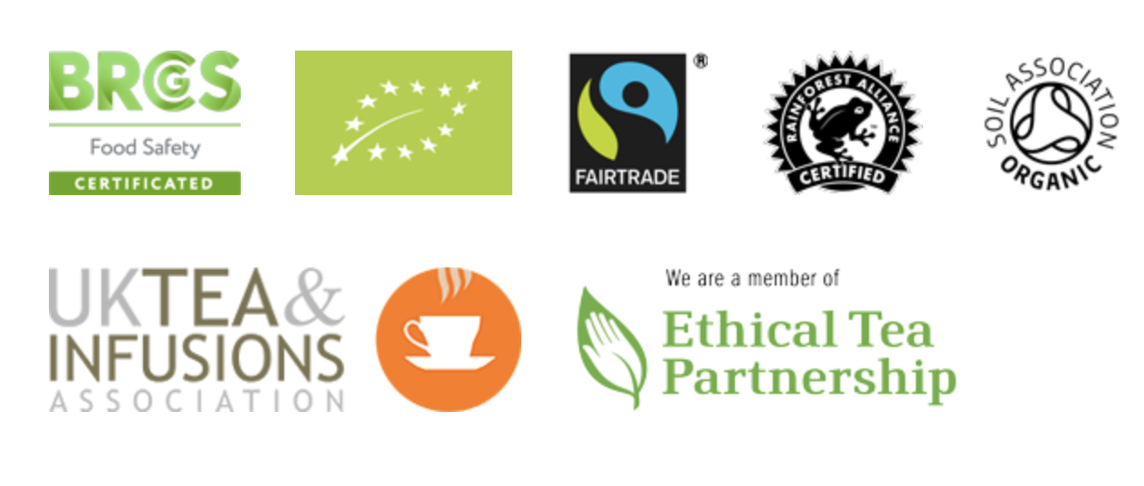 Collection of logos including food safety, organic, fairtrade, rainforest alliance, soil association organic, UK tea and infusions, ethical tea partnership, and certification symbols.