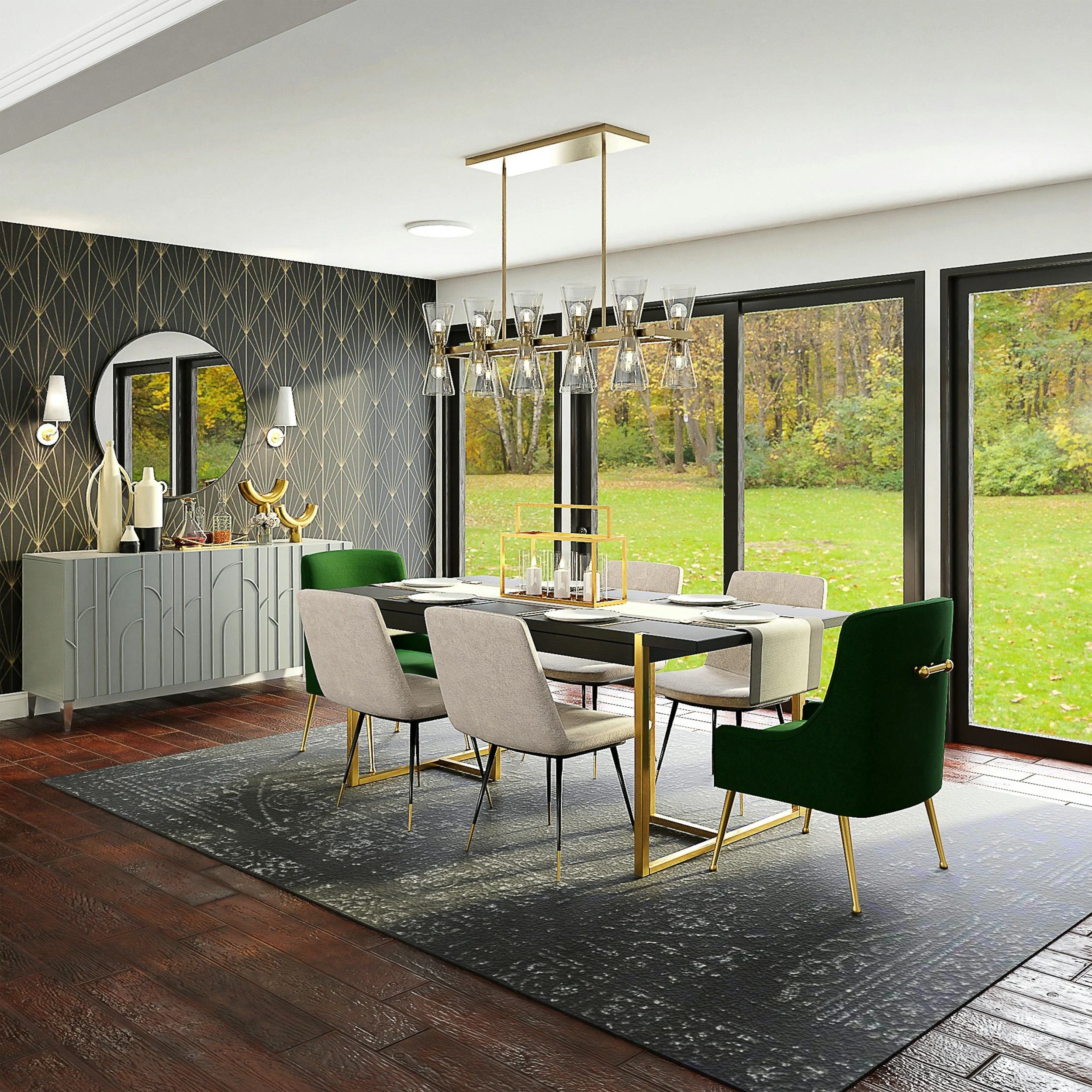 Modern dining room with a black and gold chandelier, a mix of green and beige chairs around a sleek black table, large windows showing a green outdoor landscape, black patterned wallpaper, a silver sideboard with decorative vases and collectibles, a 