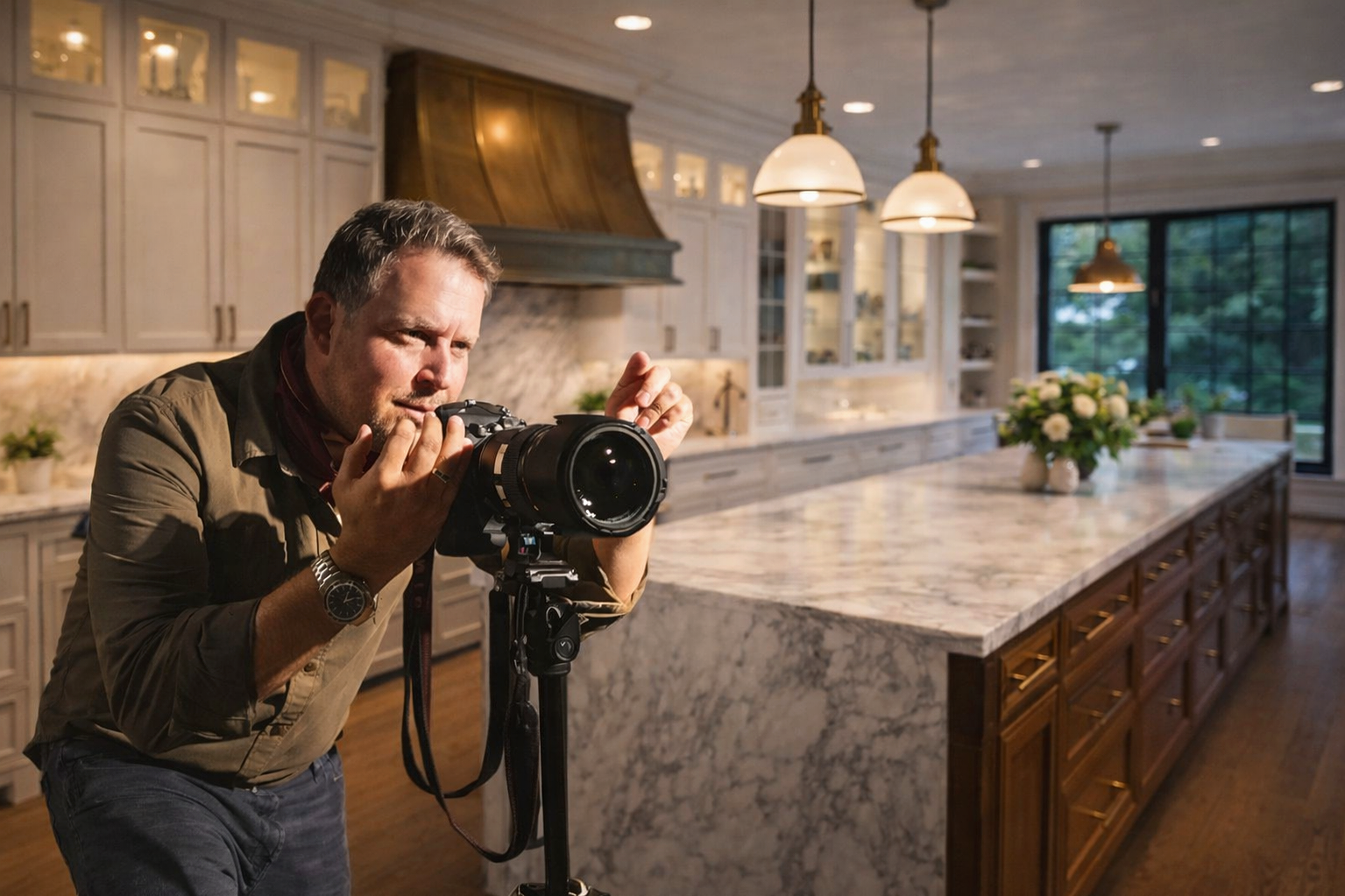 A man adjusting a camera on a tripod in a modern kitchen with a large marble island, white cabinets, and pendant lights.