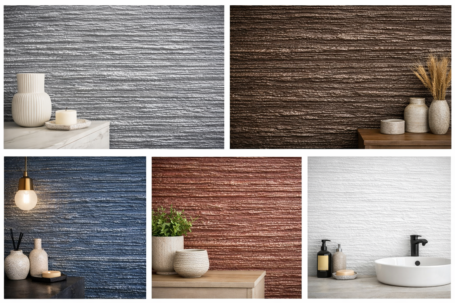Collection of interior decor images with textured wallpaper in various colors including silver, brown, blue, red, and white, decorated with vases, candles, plants, and a sink.