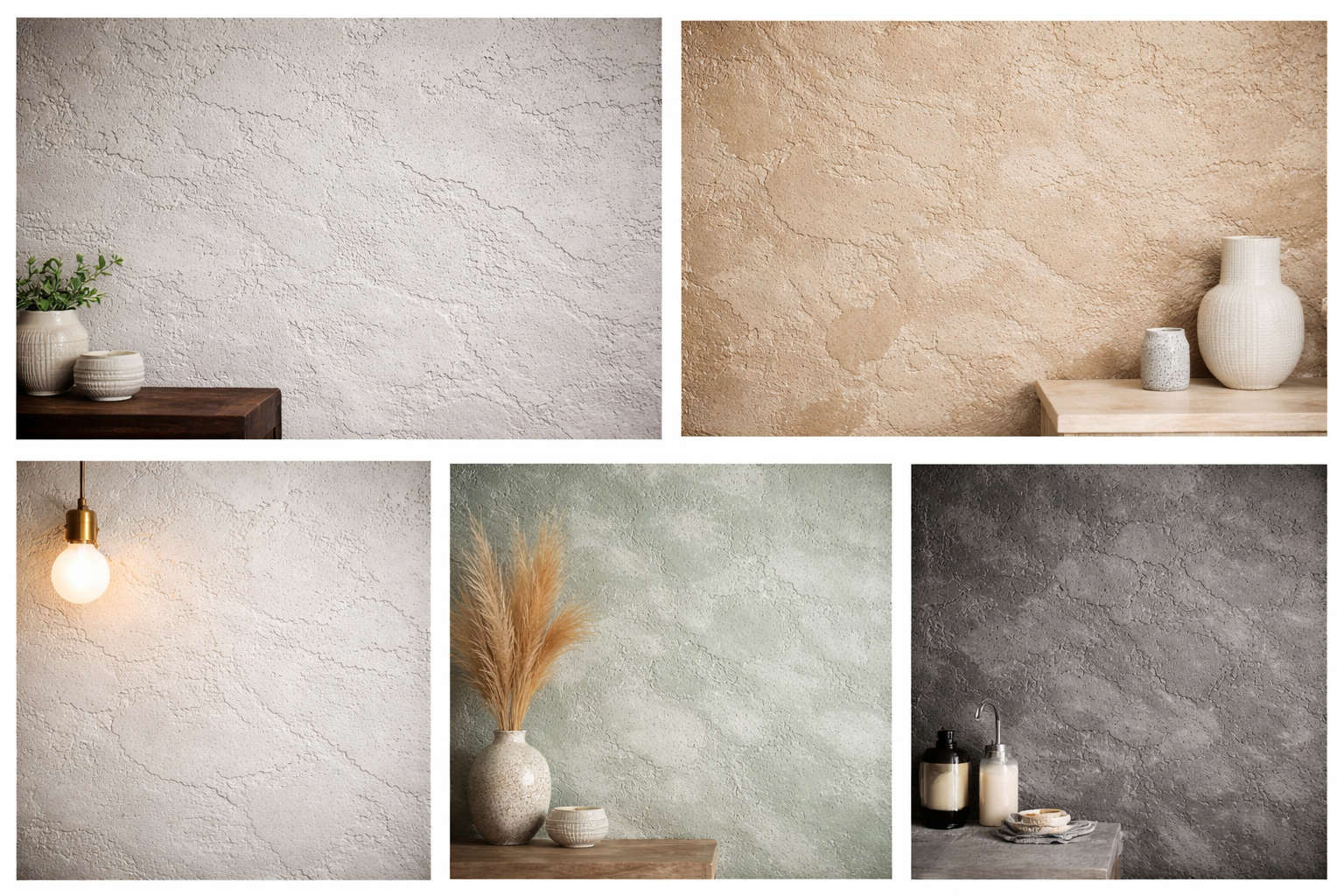 Collection of five textured wall surfaces in neutral tones, decorated with vases, candles, and dried plants.