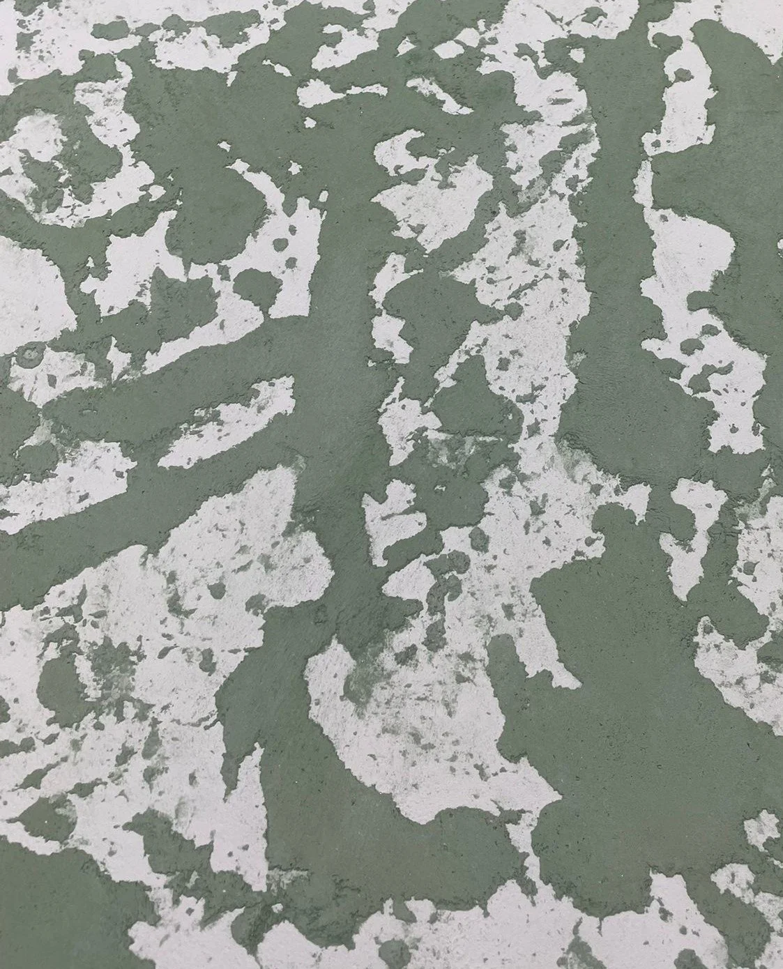 A close-up of a weathered, chipped green and white painted surface, possibly a wall or floor.