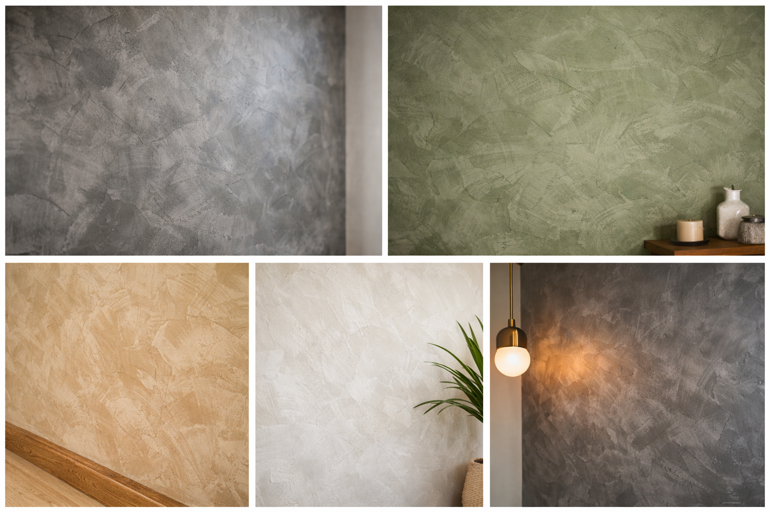 Collage of five walls with textured plaster finishes in gray, green, beige, white, and dark gray colors, featuring decorative objects, plants, and lighting.