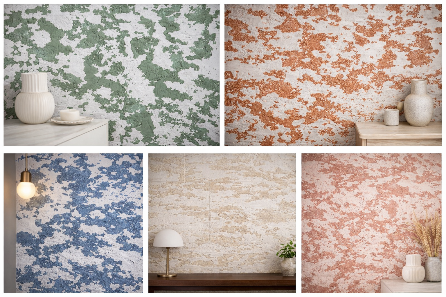 Collage of five textured wall patterns in various colors: green, orange, blue, beige, and pink, with decorative vases, candles, a lamp, and a plant.