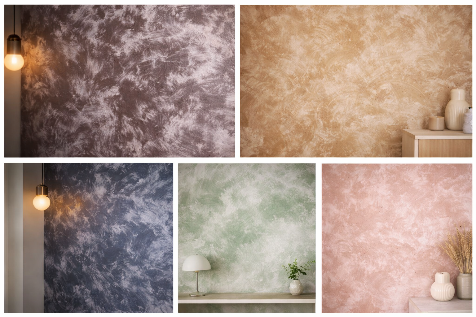 Collage of five images showcasing textured wall paint in various colors including purple, beige, blue, green, and pink, with some images featuring decorative vases, plants, and lamps.