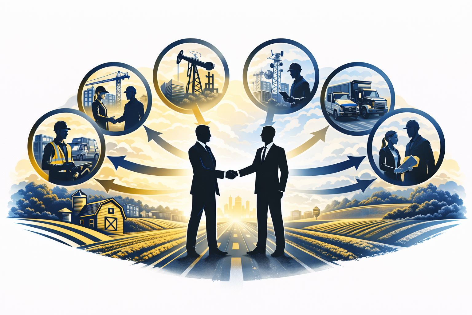 Silhouettes of two businessmen shaking hands, surrounded by circular images depicting construction, oil drilling, communication towers, trucks, and engineering, set over a rural landscape with fields and a farm in the background.