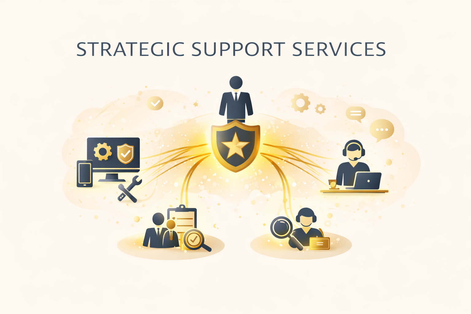 Graphic representing strategic support services with icons of a computer, tools, a magnifying glass, and communication symbols connected to a central shield with a star.