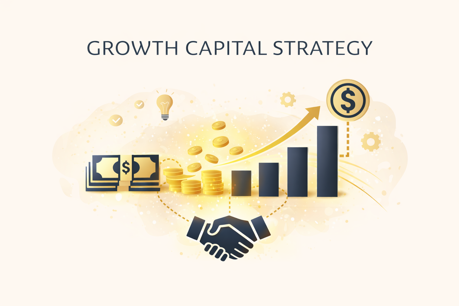 Illustration showing financial growth with stacks of coins, a bar graph with an upward arrow, dollar bills, and finance-related icons, labeled 'Growth Capital Strategy'.