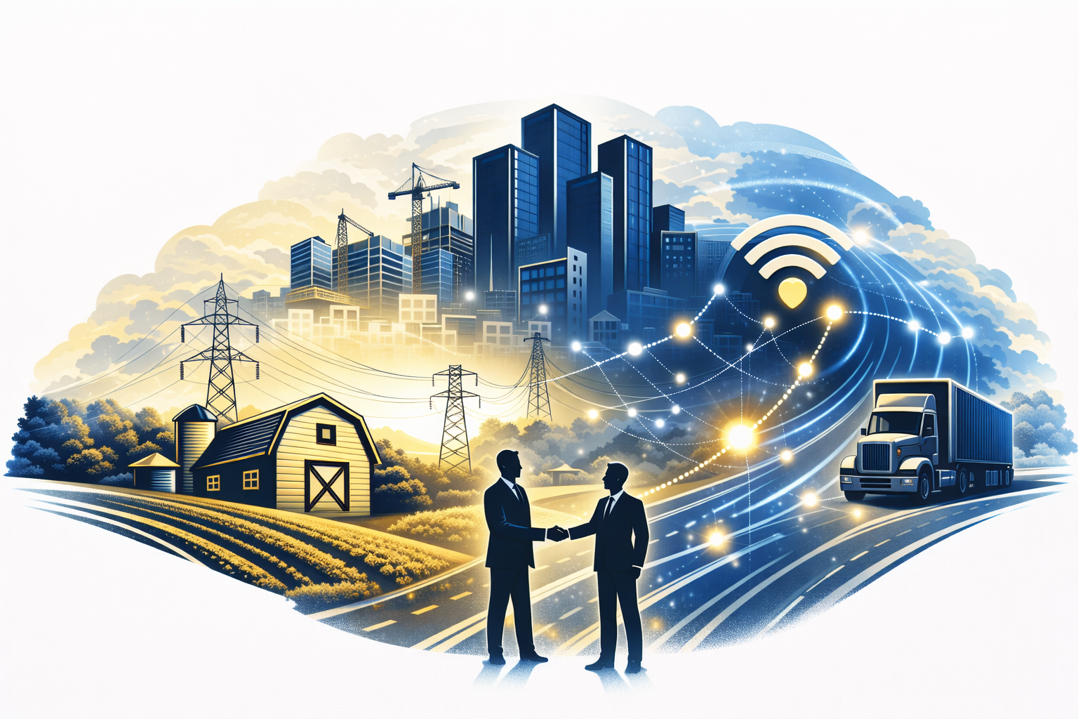 Two businessmen shaking hands in front of a digital illustration of a city, farm, and transportation with rising smart city technology, wireless signals, and smart infrastructure.