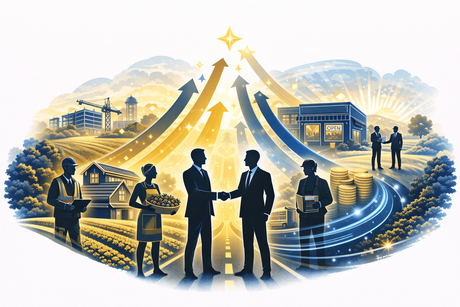 Businesspeople shaking hands surrounded by construction workers, farmers, and business owners in a vibrant, futuristic landscape with upward arrows symbolizing growth and progress.