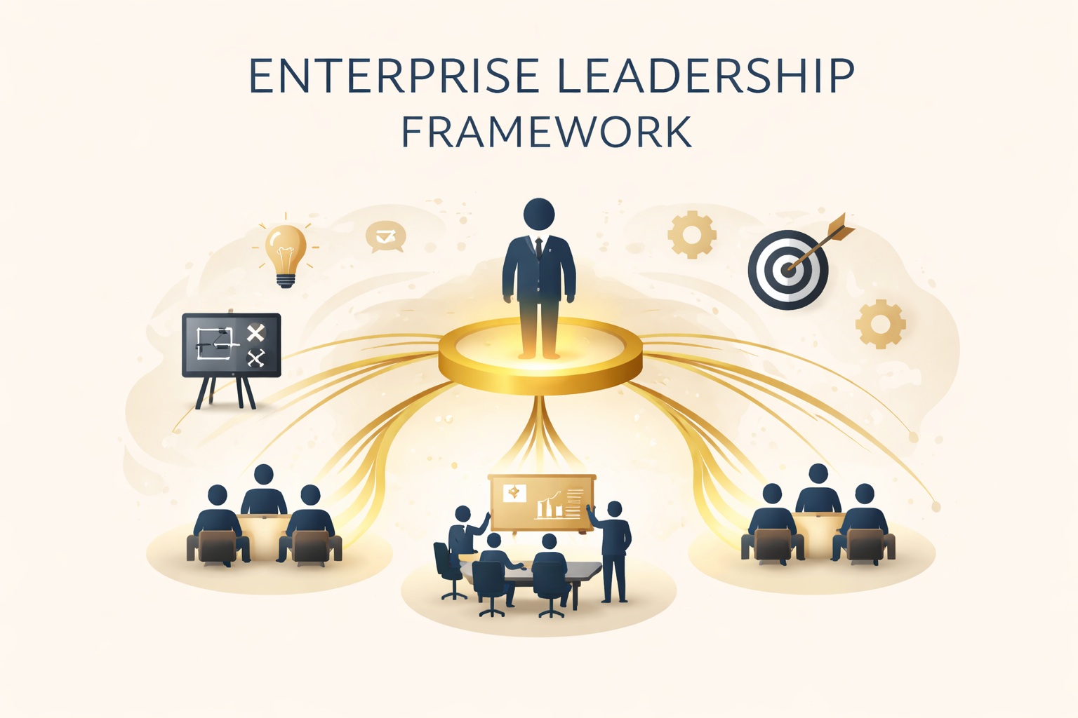Diagram illustrating enterprise leadership framework with a central figure connected to various icons representing ideas, planning, targets, and teamwork, with groups of people engaged in meetings and presentations.