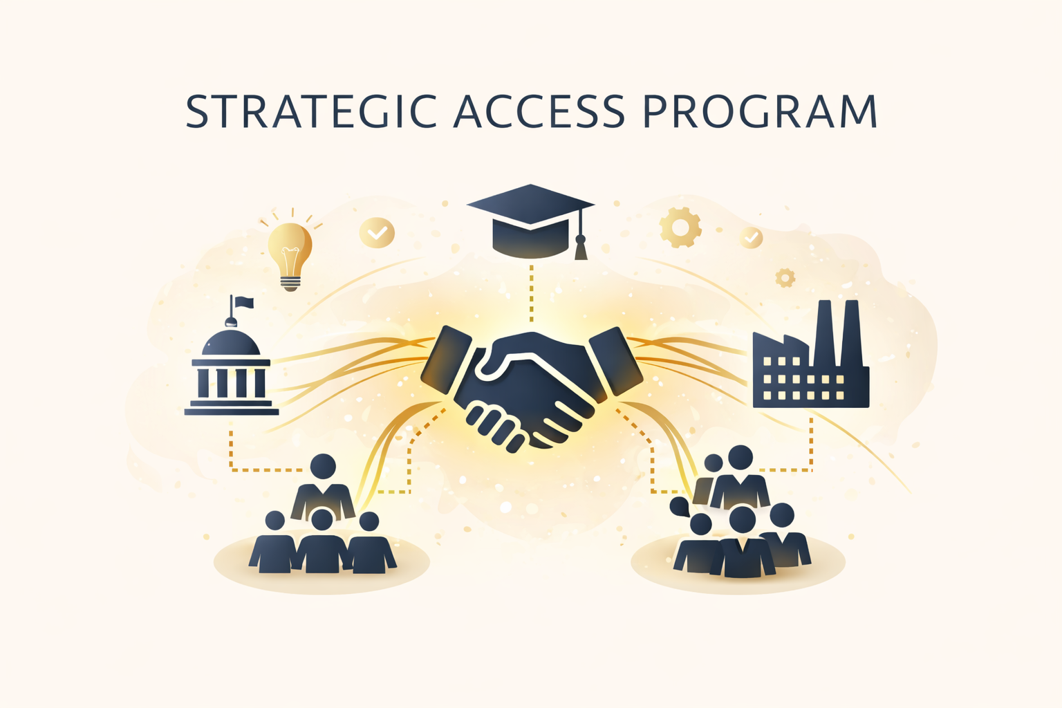 Illustration of a handshake with a handshake in the center, above it a graduation cap, flanked by icons of a factory, government building, and lightbulb, with groups of people below connected by dotted lines to the icons, symbolizing a strategic access program.