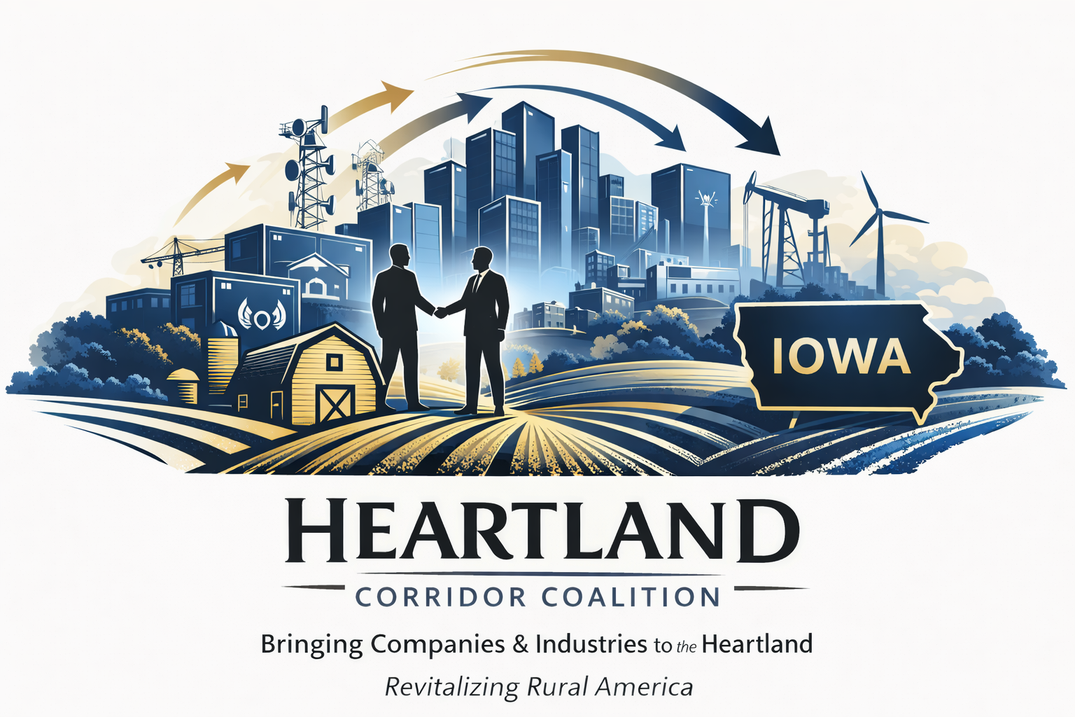 A graphic representing Iowa's Heartland Corridor Coalition, showing a handshake between two businessmen in a rural landscape with farmland, a barn, and city skyscrapers in the background, and symbols of industry, energy, and communication.