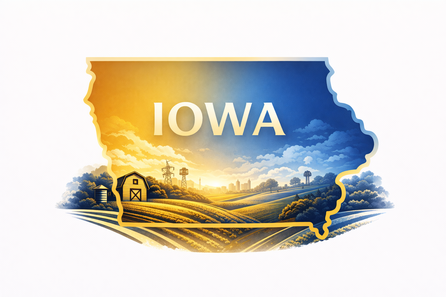 Illustration of the state of Iowa with a landscape including farm fields, a barn, and a city skyline in the background, with the text 'IOWA' overlaid.