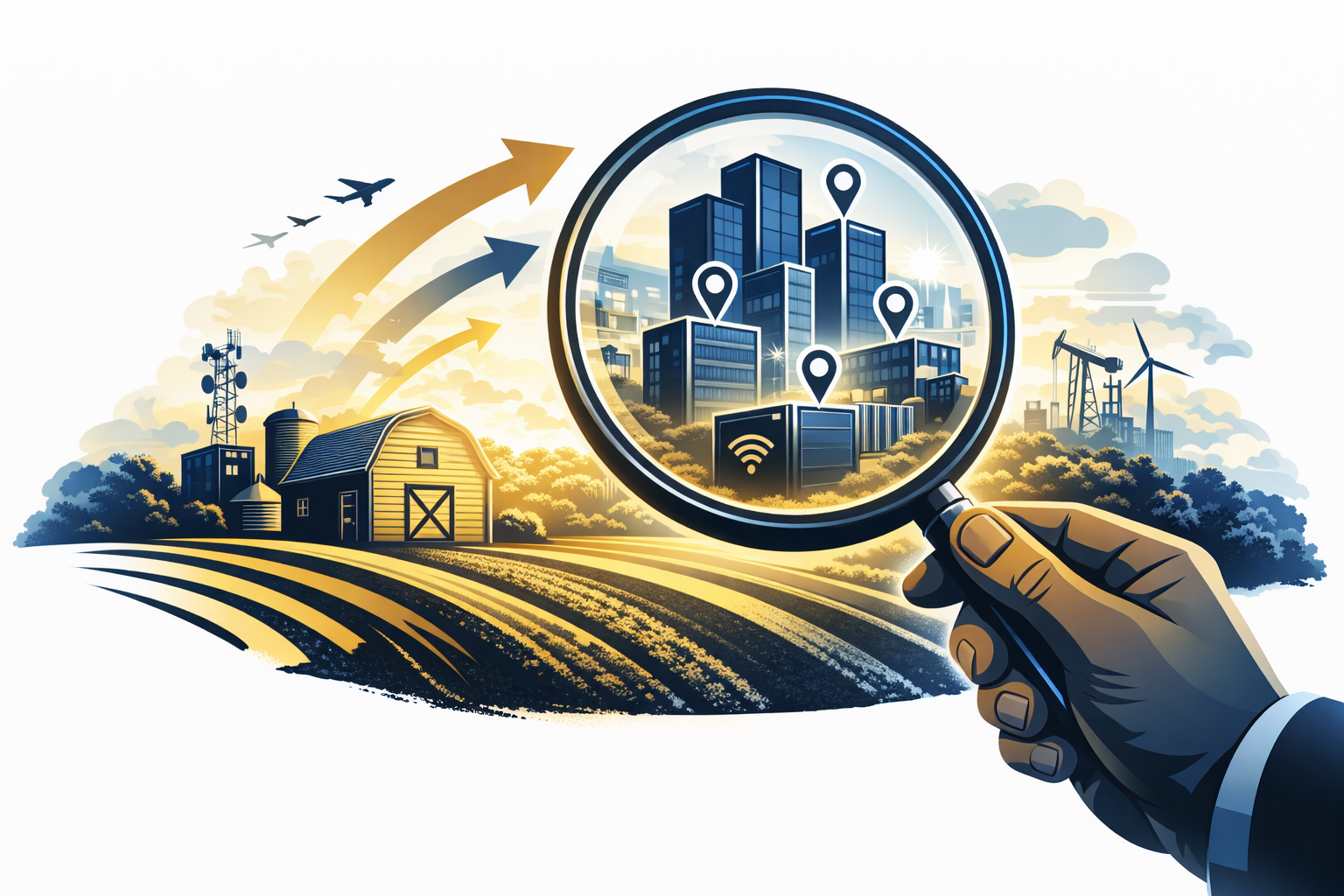 A magnifying glass held by a hand focusing on a cityscape with tall buildings, while in the distance there are wind turbines, a farm, and communication towers, with arrows and airplanes in the sky.