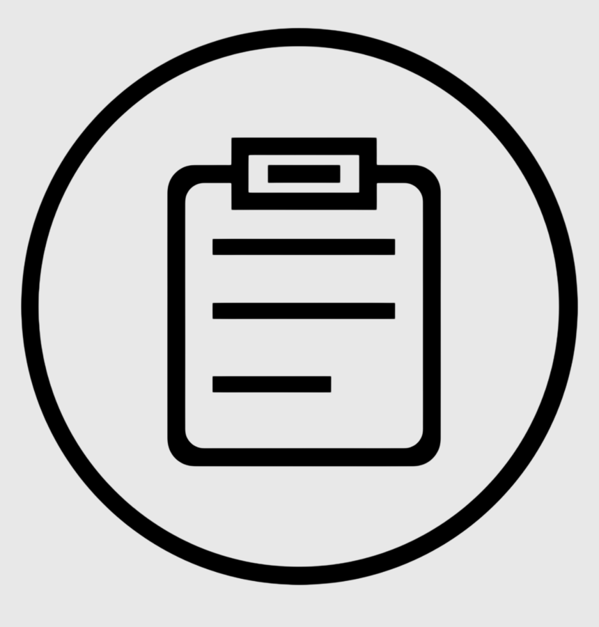 Icon of a clipboard with paper, enclosed in a circle on a gray background.